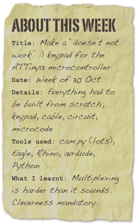About this week
Title: Make a “doesn’t not work” :) keypad for the ATTiny13 microcontrollerDate: Week of 30 OctDetails: Everything had to be built from scratch; keypad, cable, circuit, microcode
Tools used: cam.py (lots), Eagle, Rhino, avrdude, Python
What I learnt: Multiplexing is harder than it sounds. Cleverness mandatory.