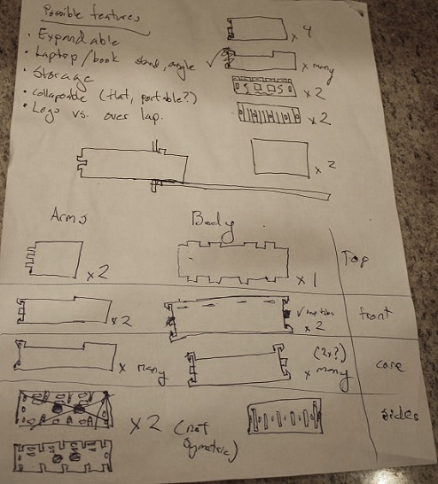 Single paper with drawn shapes, list of parts and features.