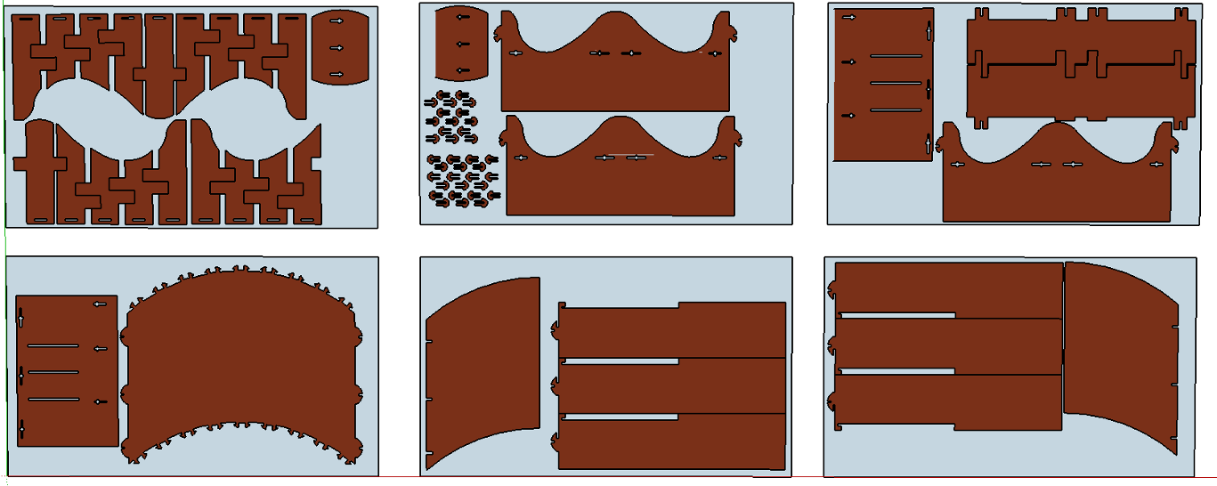 All pieces of model in Sketchup, layed out flat on 6 boards.