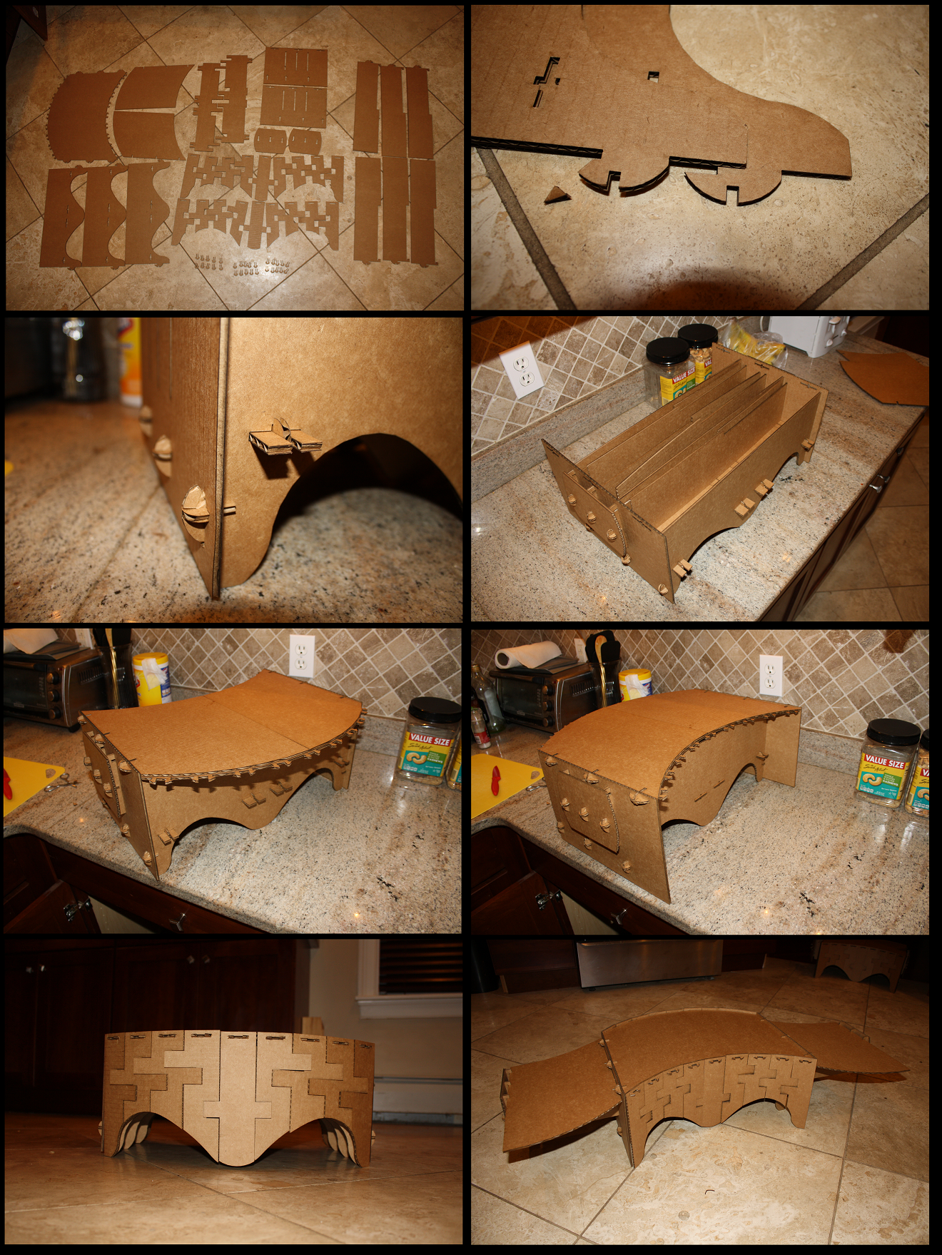 8 photos showing assembly progression of second desk, including cut pieces, internal frame, and final desk.