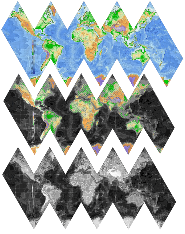 3 Dymaxian maps of Earth, progressing from color to greyscale. 
