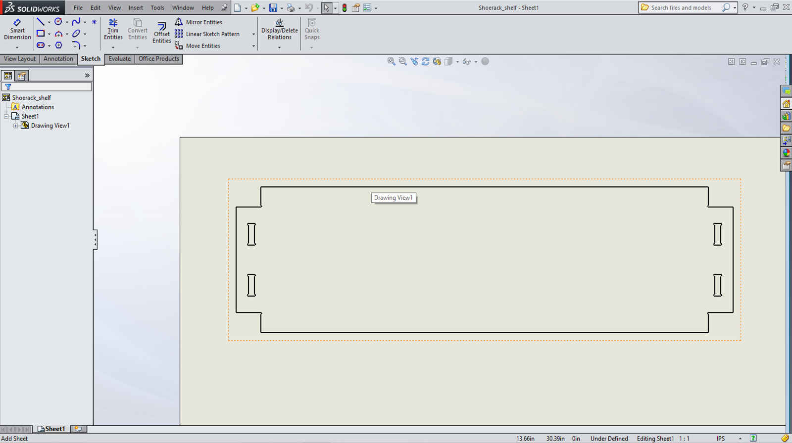 Solidworks drawing of a shoerack shelf