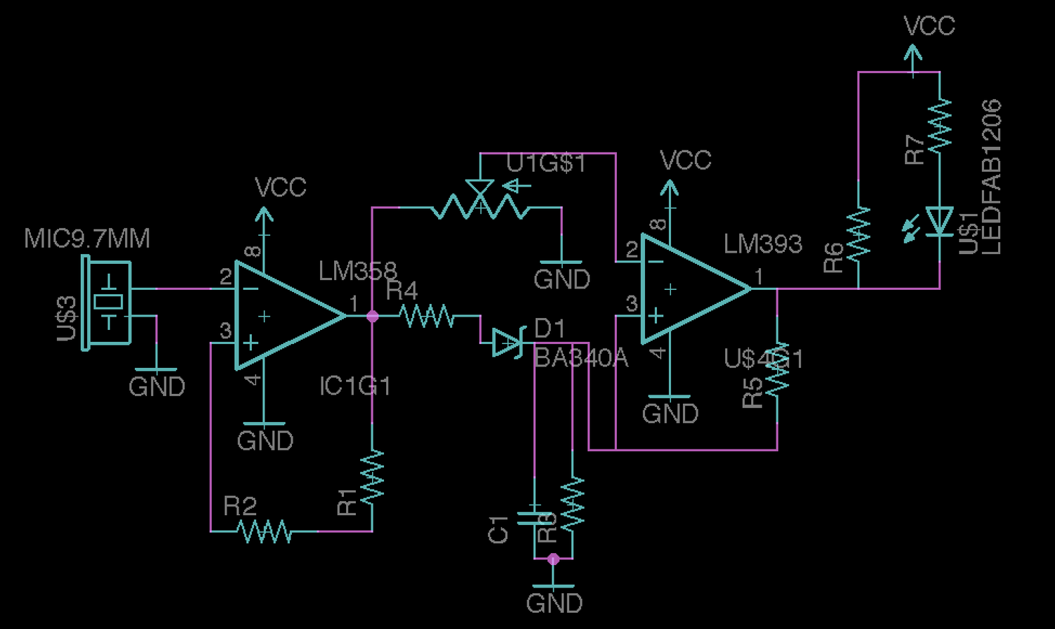Bright a magenta and teal circuit board schematic against a dark background