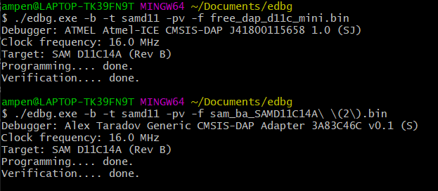 screenshot of successfully programming the pcb
