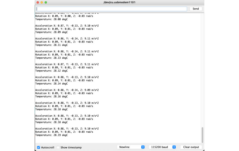 IMU serial monitor output