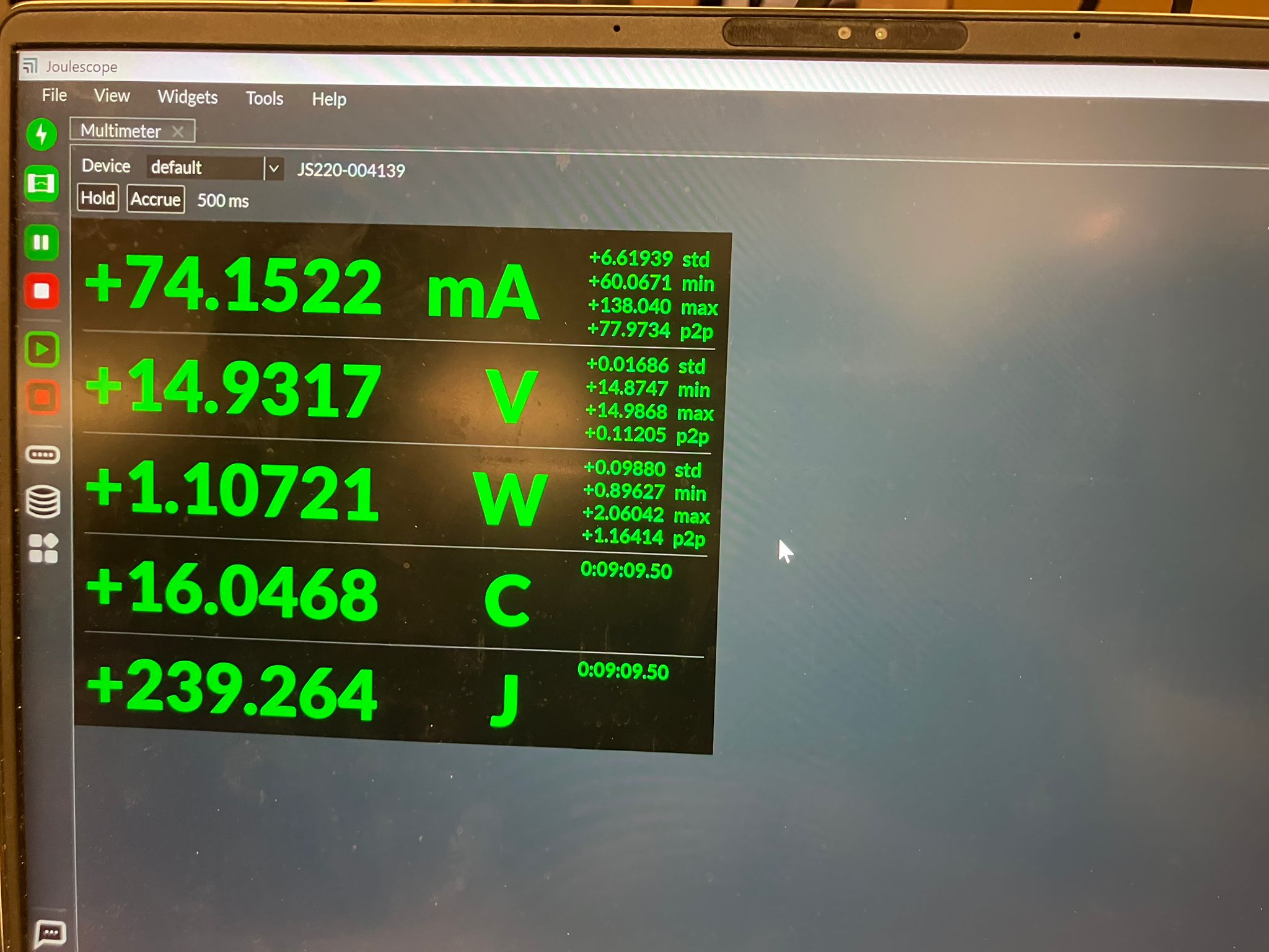 Joulescope software interface showing power measurements