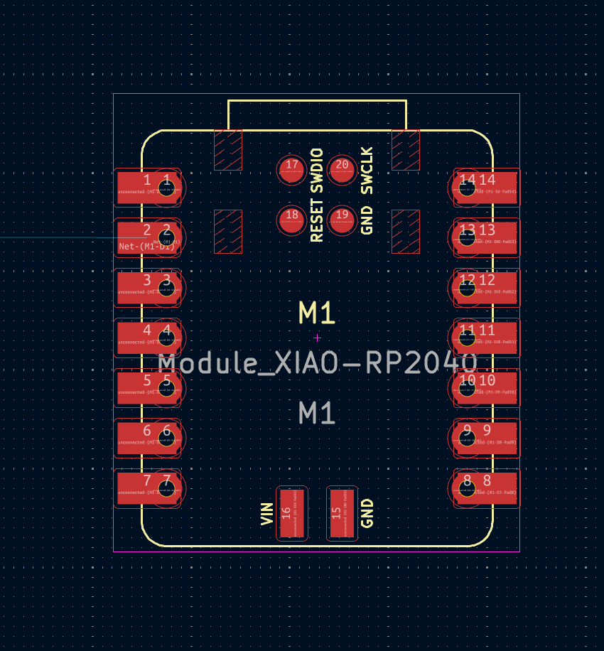 PCB layout for XIAO RP2040 module showing labeled pin headers, highlighted traces, and silkscreen text including Module_XIAO_RP2040, M1, VIN, GND, RESET, SWDIO, SWCLK, and pin numbers 1 to 20. The environment is a digital schematic editor with a dark grid background. No emotional tone.