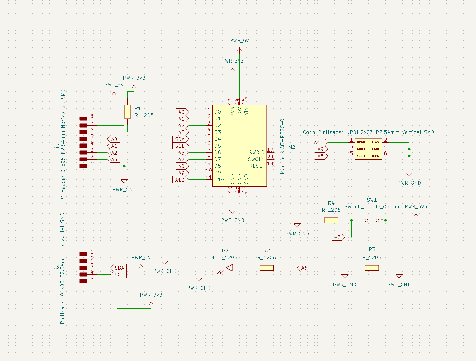 KiCad schematic diagram displaying a servo motor controller circuit connected to a XIAO RP2040 board. Labeled pins include VCC, GND, and Signal. The schematic features highlighted traces and technical annotations. The environment is a digital schematic editor. No emotional tone.