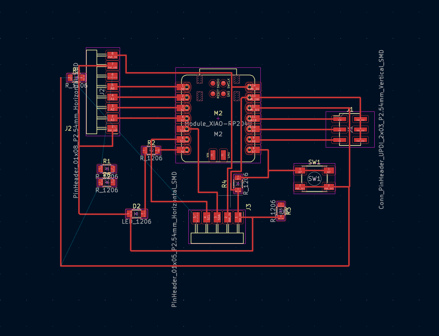 PCB layout for a custom electronics board with XIAO RP2040 footprint, labeled pin headers, and routed traces. Silkscreen text includes pin numbers and component labels. The environment is a digital PCB design tool with a grid background. No emotional tone.