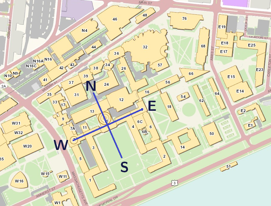 MIT campus outline mockup with numbered buildings