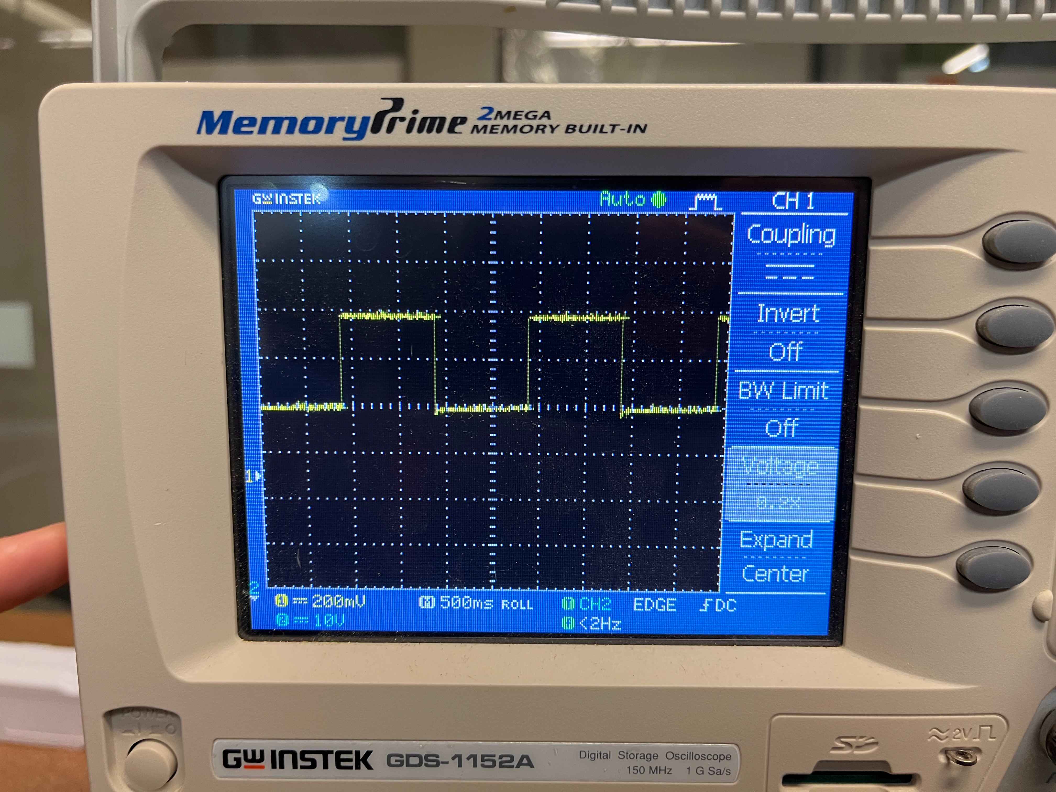 The oscilloscope reading of the LED turning on and off.