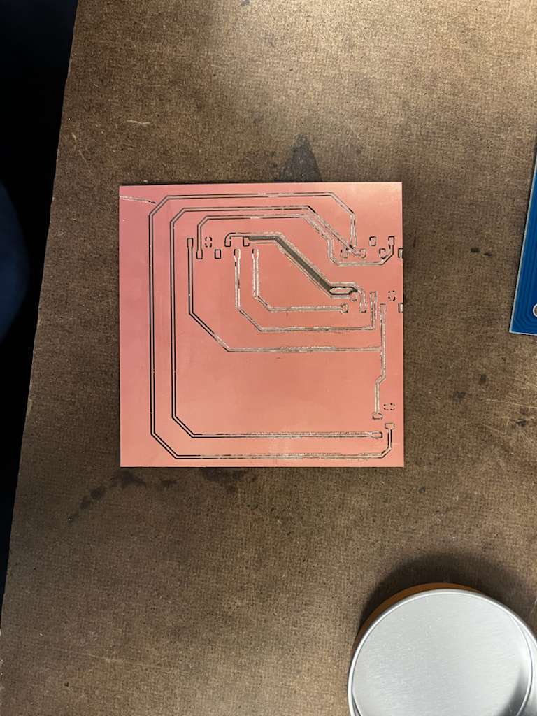 Close view of the milled PCB where the upper part is not fully cleared