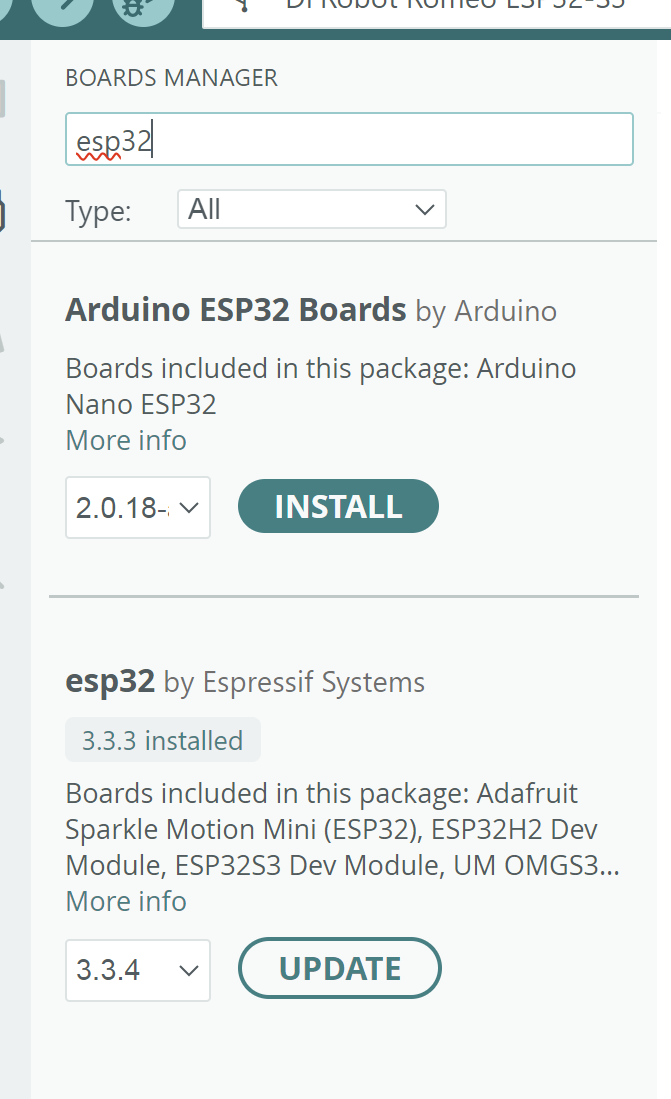 Arduino IDE board manager setup for ESP32