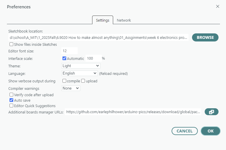 Arduino preferences: Additional Boards Manager URLs