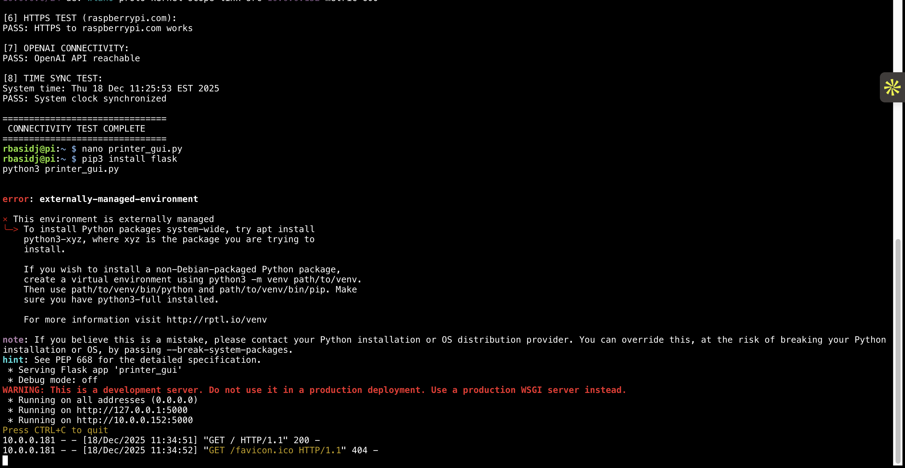 screenshot of me downloading and running the GUI program on the Pi terminal