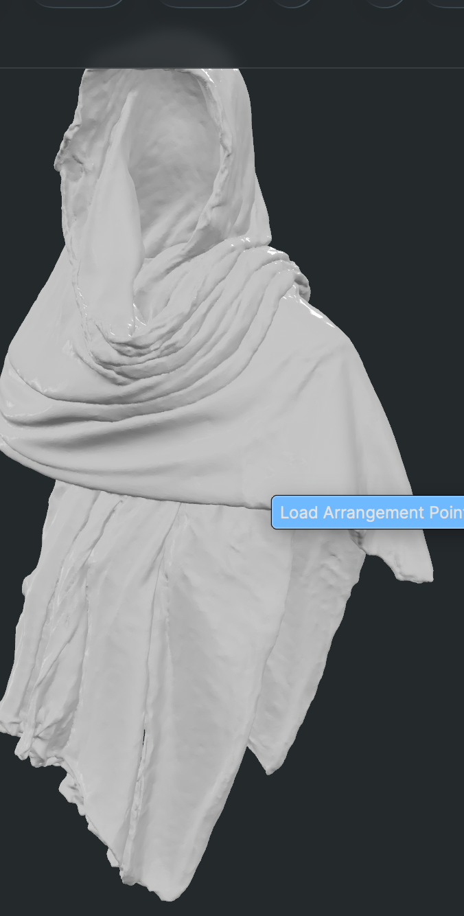 The scanned .obj that I designed and cleaned up to design the cloak (fremencloakRB.obj), shown in CLO 3D for digital simulation.