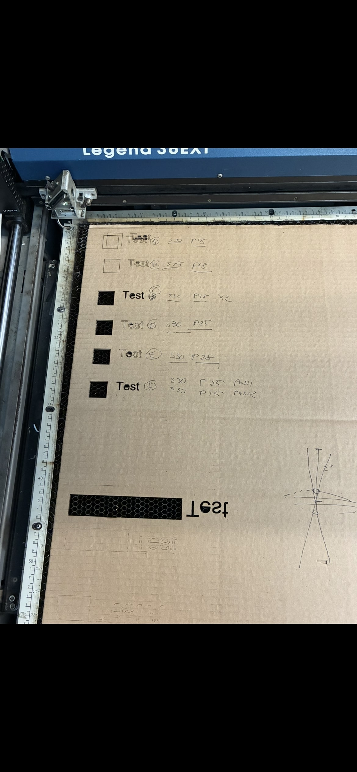 Grid of test cases to sweep laser power and speed