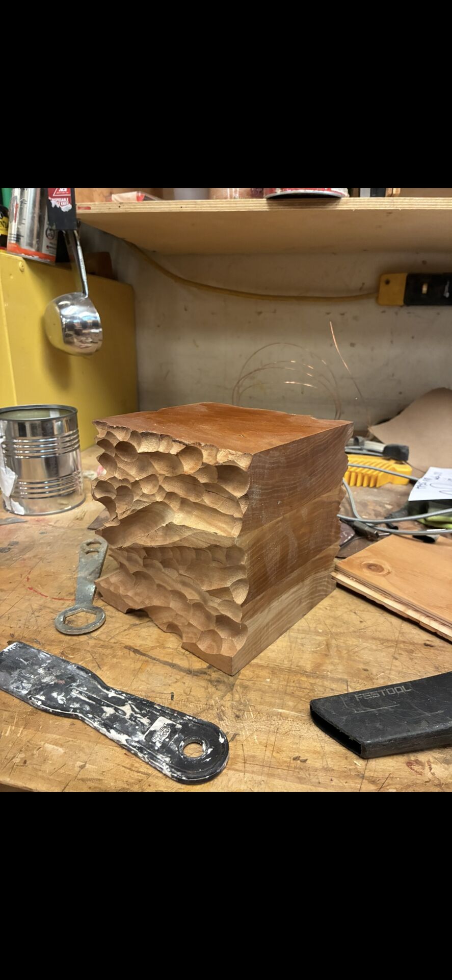 Using milling to create interesting textures on a wooden block to use as a stool perhaps. A group member called this the anthropologie brick because they said it looked like a piece of modern art furniture.