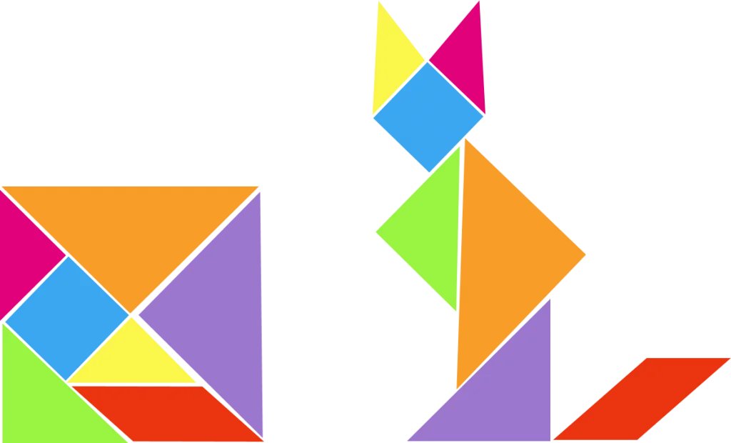 Colored tangram square and cat silhouette made from the same seven pieces