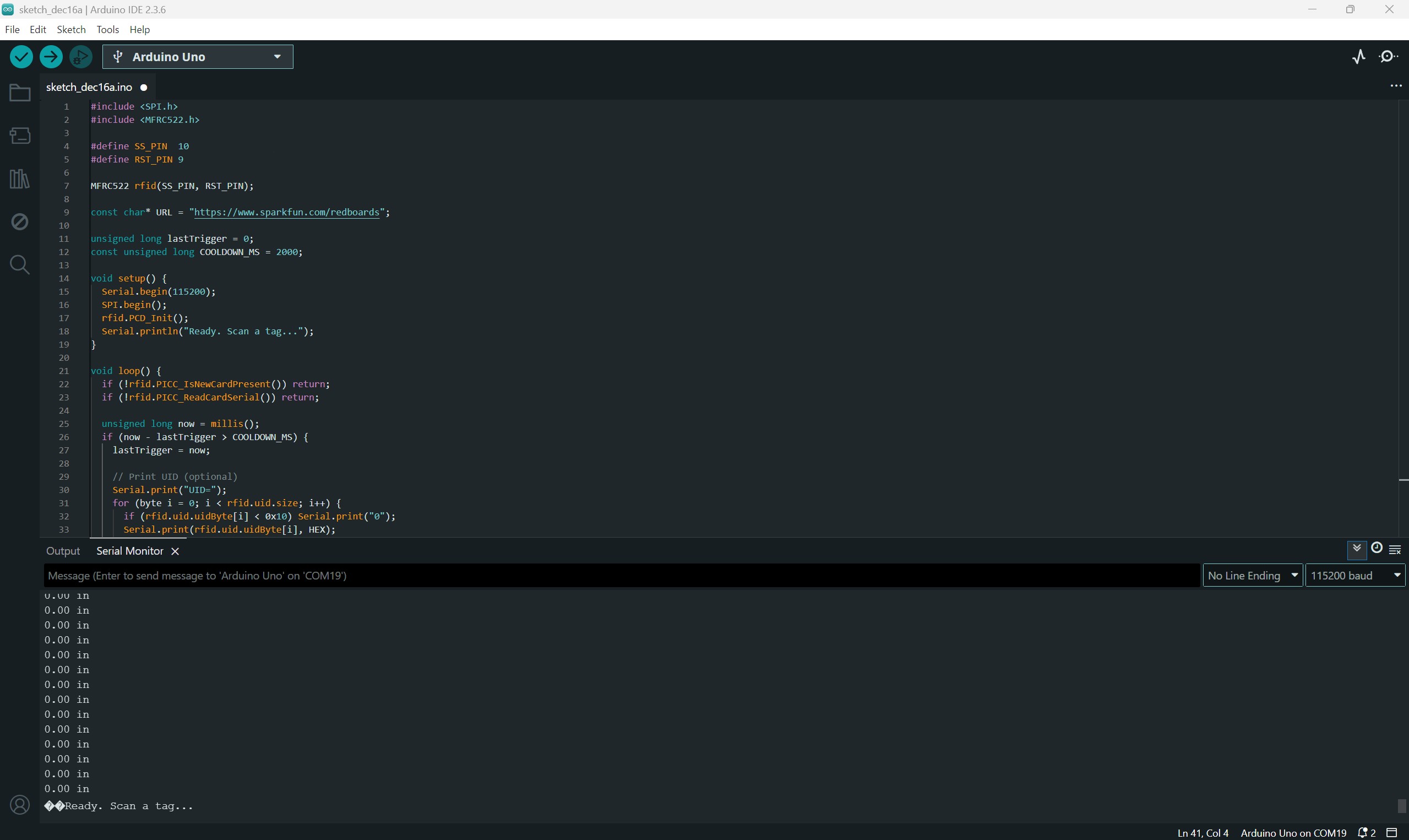 Arduino IDE sketch showing RC522 UID read attempt