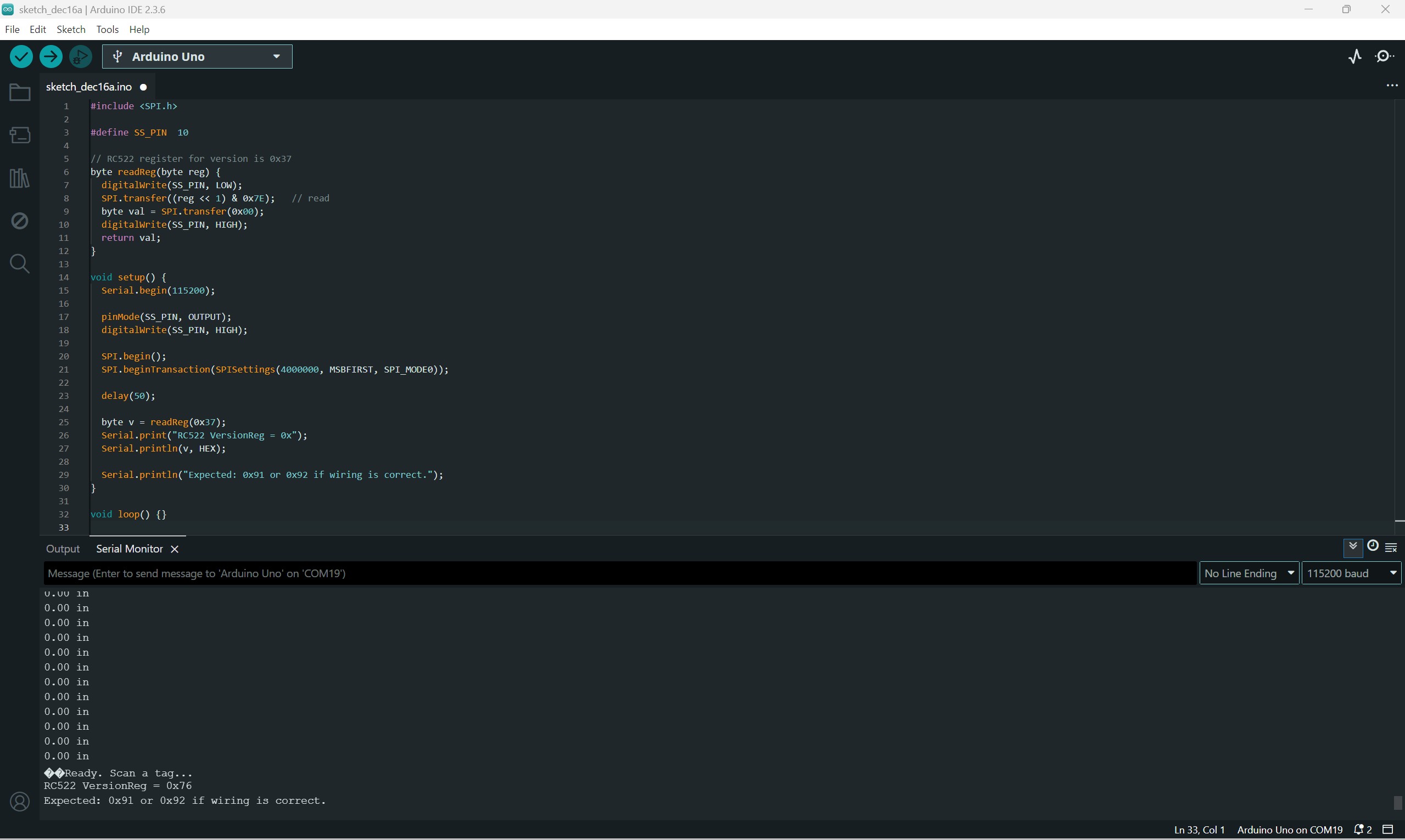 Arduino IDE sketch showing RC522 version register test code