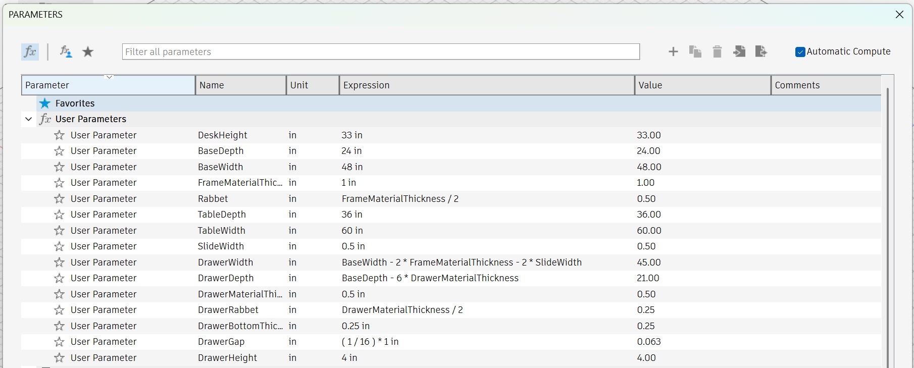 All of the parameters I used in the design