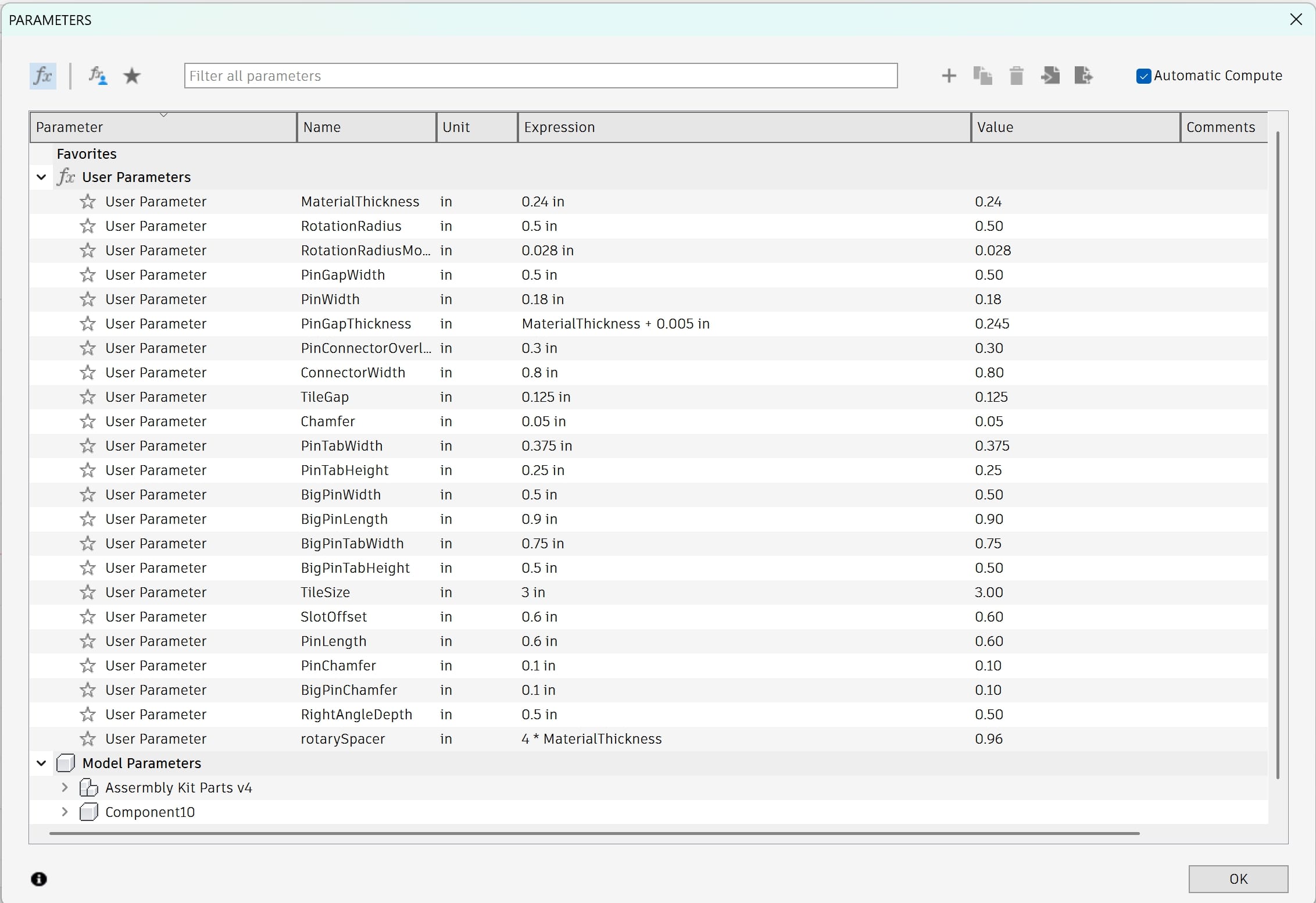 All the parameters I used for my design