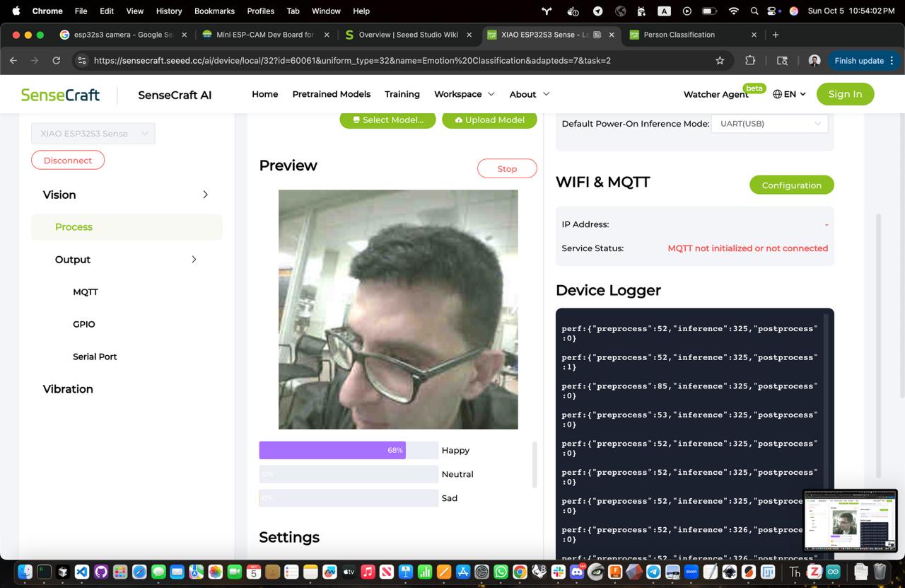 SenseCraft AI platform showing emotion classification model running on XIAO ESP32S3