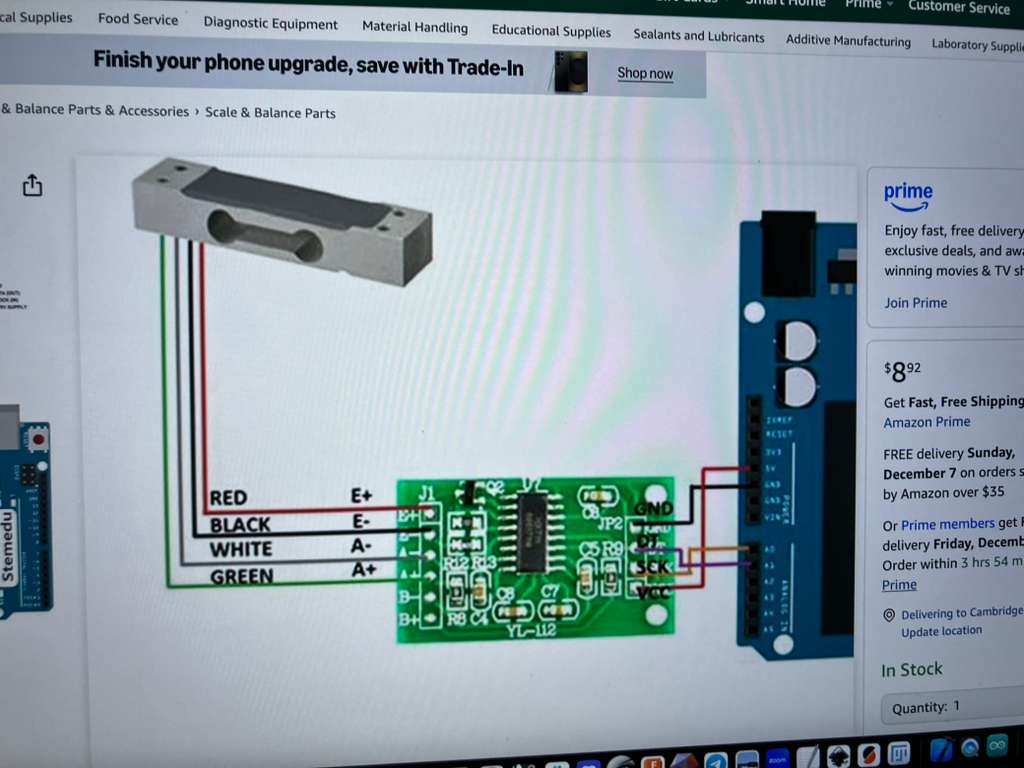 Electronics assembly with HX711 breakout, ESP32-S3, and load cell wiring