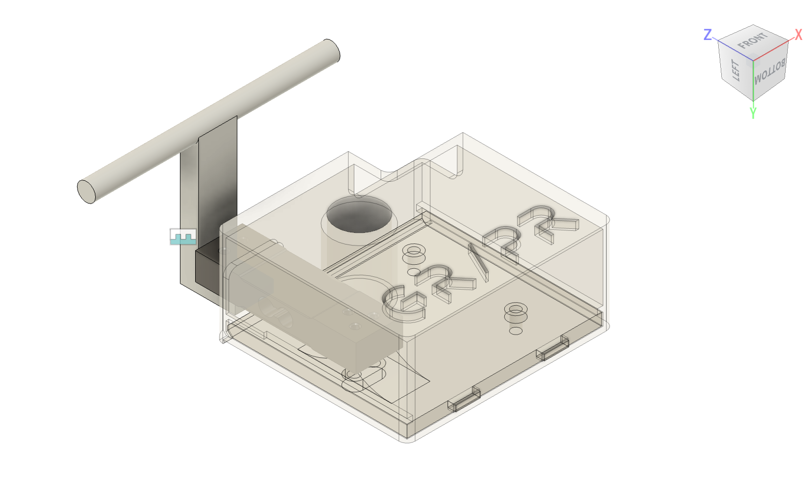 CAD rendering of the full grip strength device with base, handle, and load cell