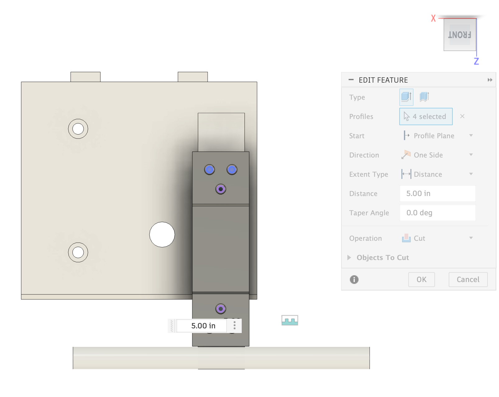 Close-up of mounting holes and clearances around the load cell in CAD