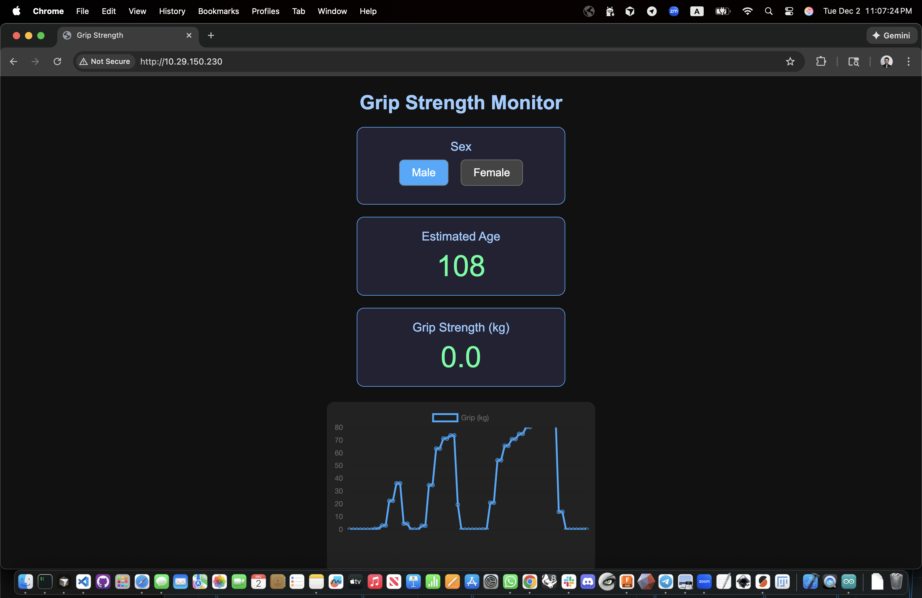 Web GUI showing grip strength value, estimated age, and scrolling chart