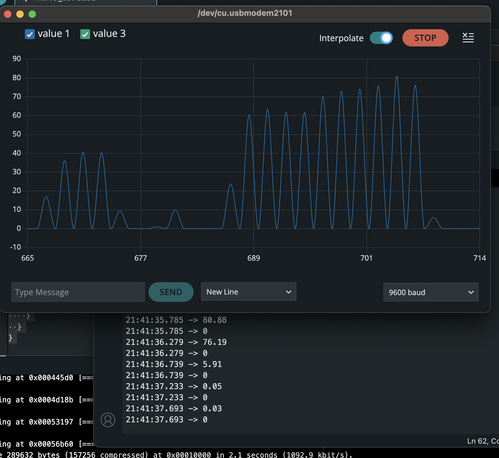 Serial Plotter screenshot showing load cell readings rising with grip force
