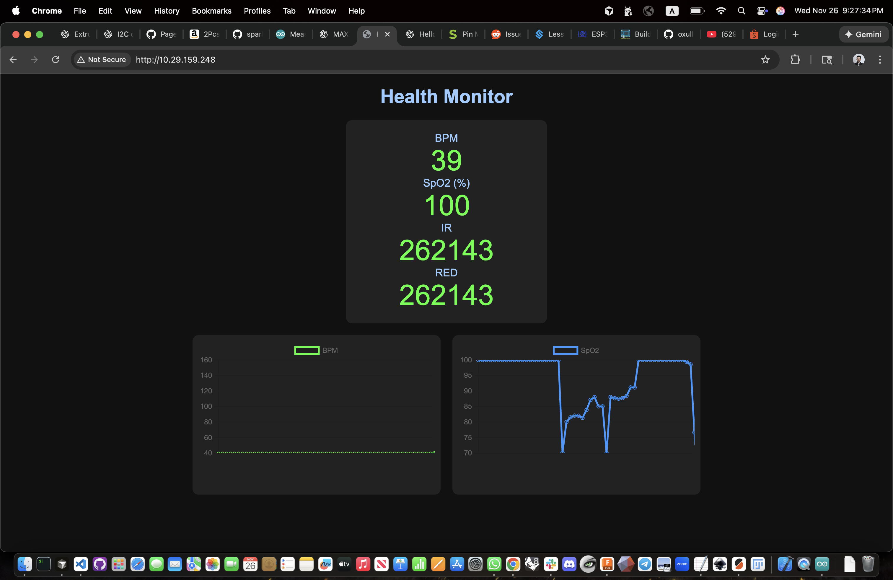 Wi-Fi web interface with real-time plotting of pulse oximeter data