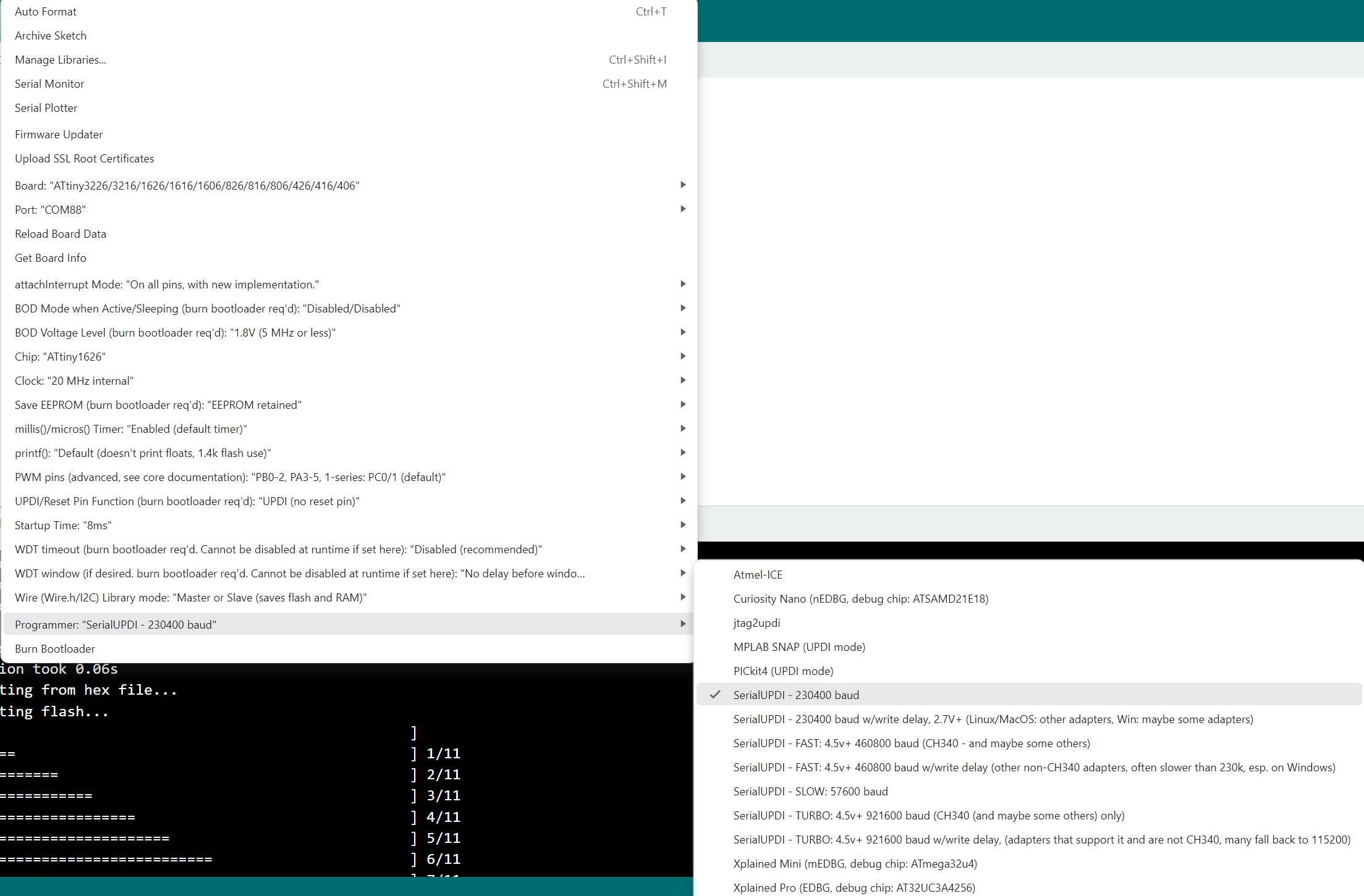 Arduino IDE settings for programming ATtiny1626 microcontroller