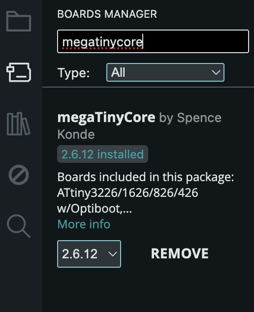 Arduino IDE Boards Manager showing megaTinyCore installation