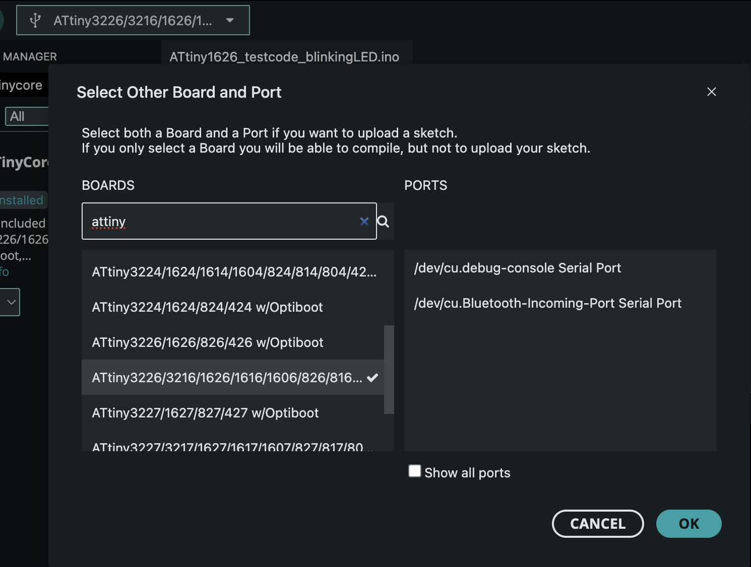 Arduino IDE board selection menu