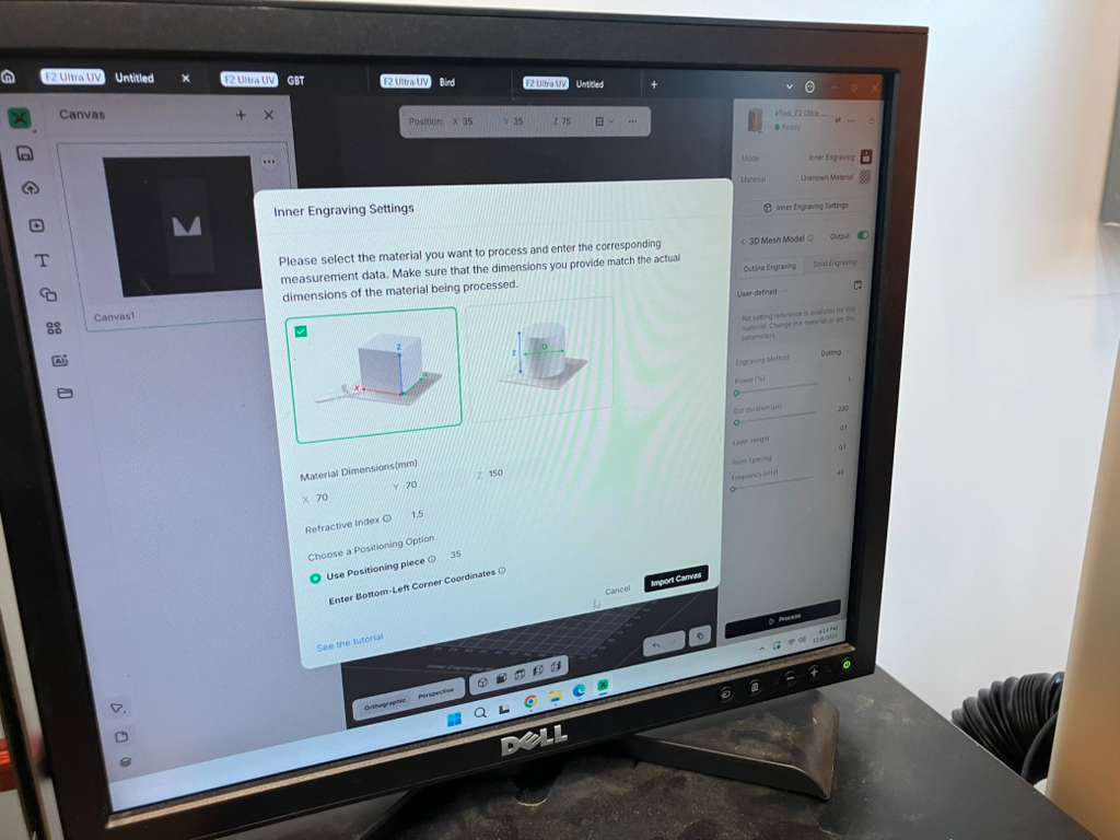 xTool software interface for UV laser engraving