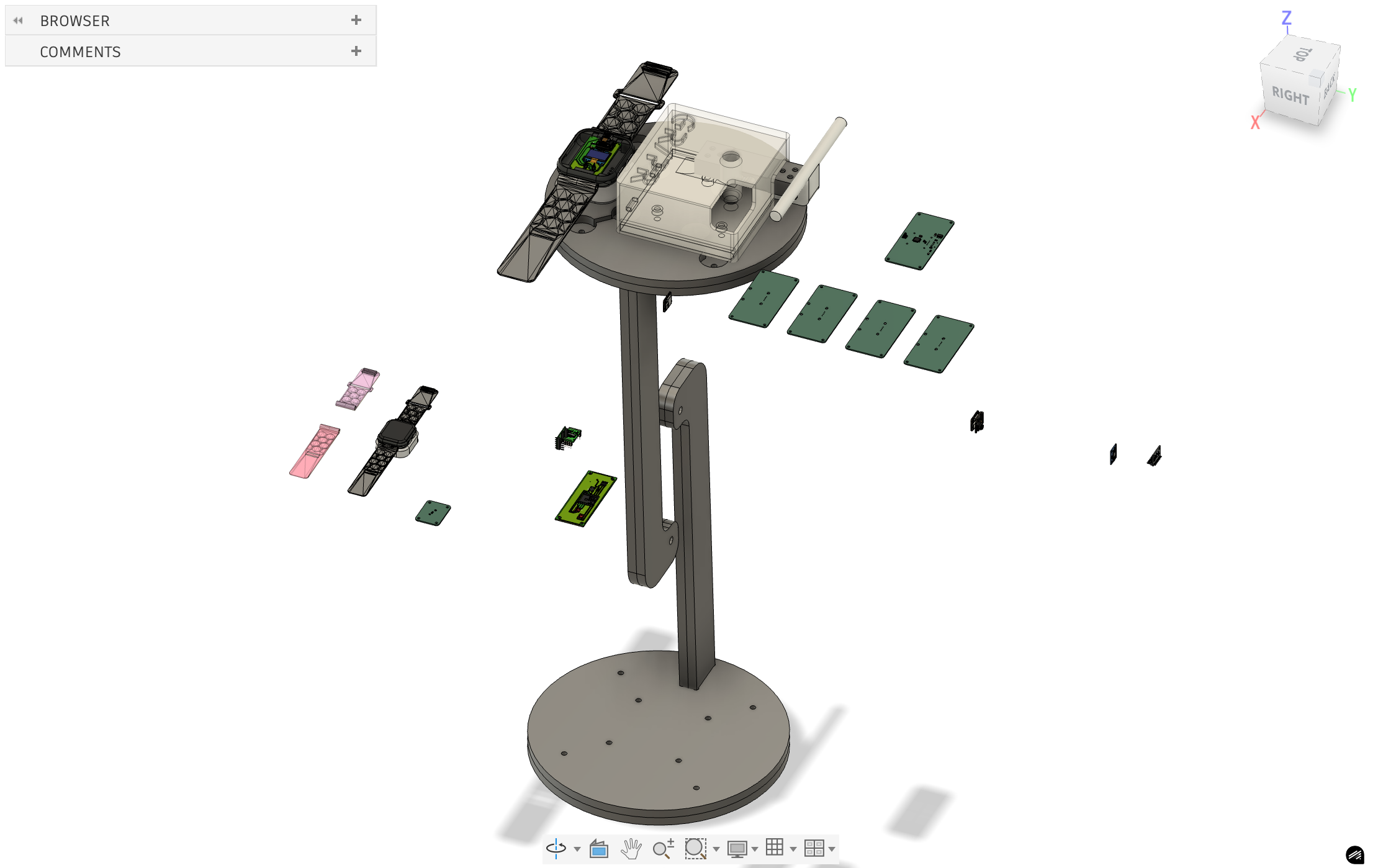 Complete demo table assembly showing integrated MirrorAge handgrip and aging clock subsystems