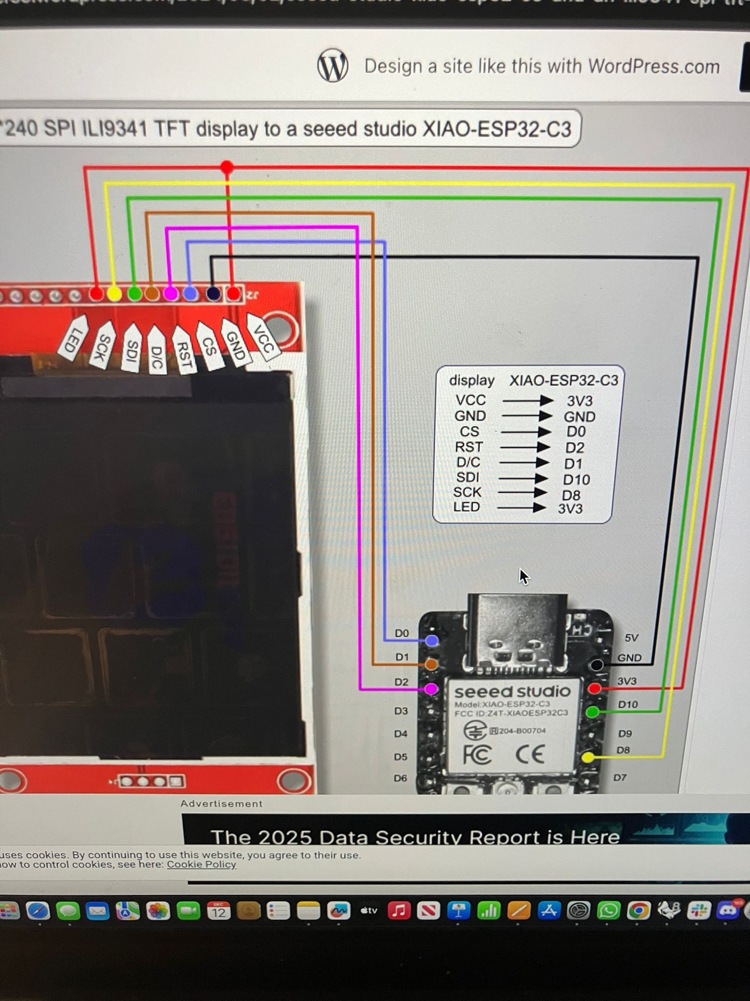 TFT display wiring diagram showing pin connections
