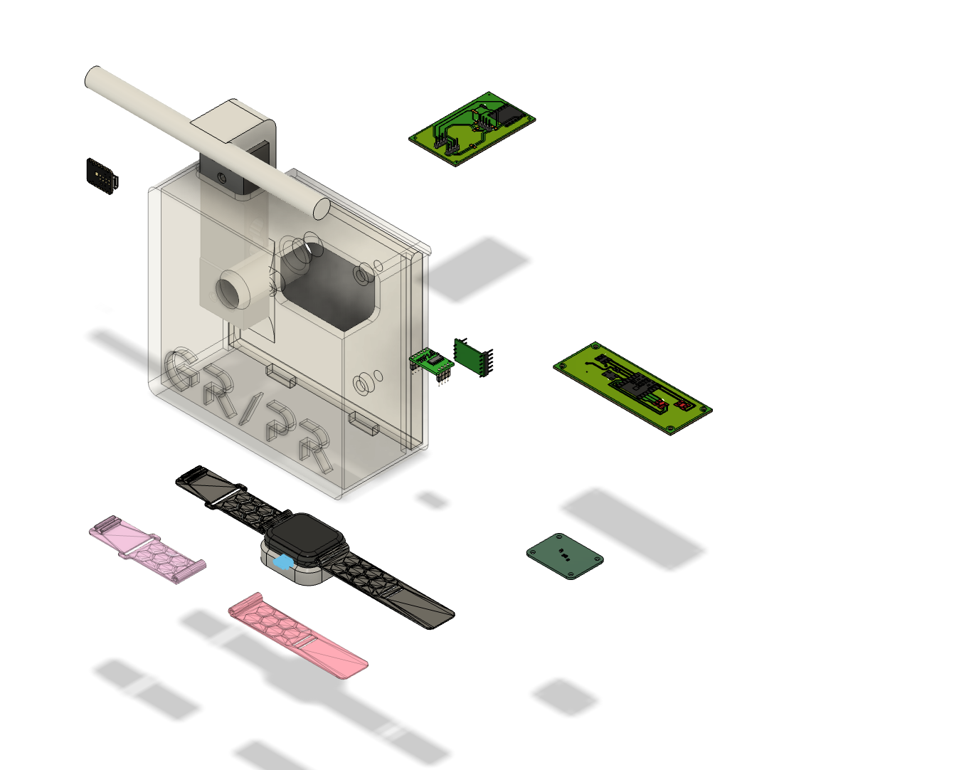 Exploded isometric view of the integrated CAD model showing all PCBs, housing components, and wearable band assembly