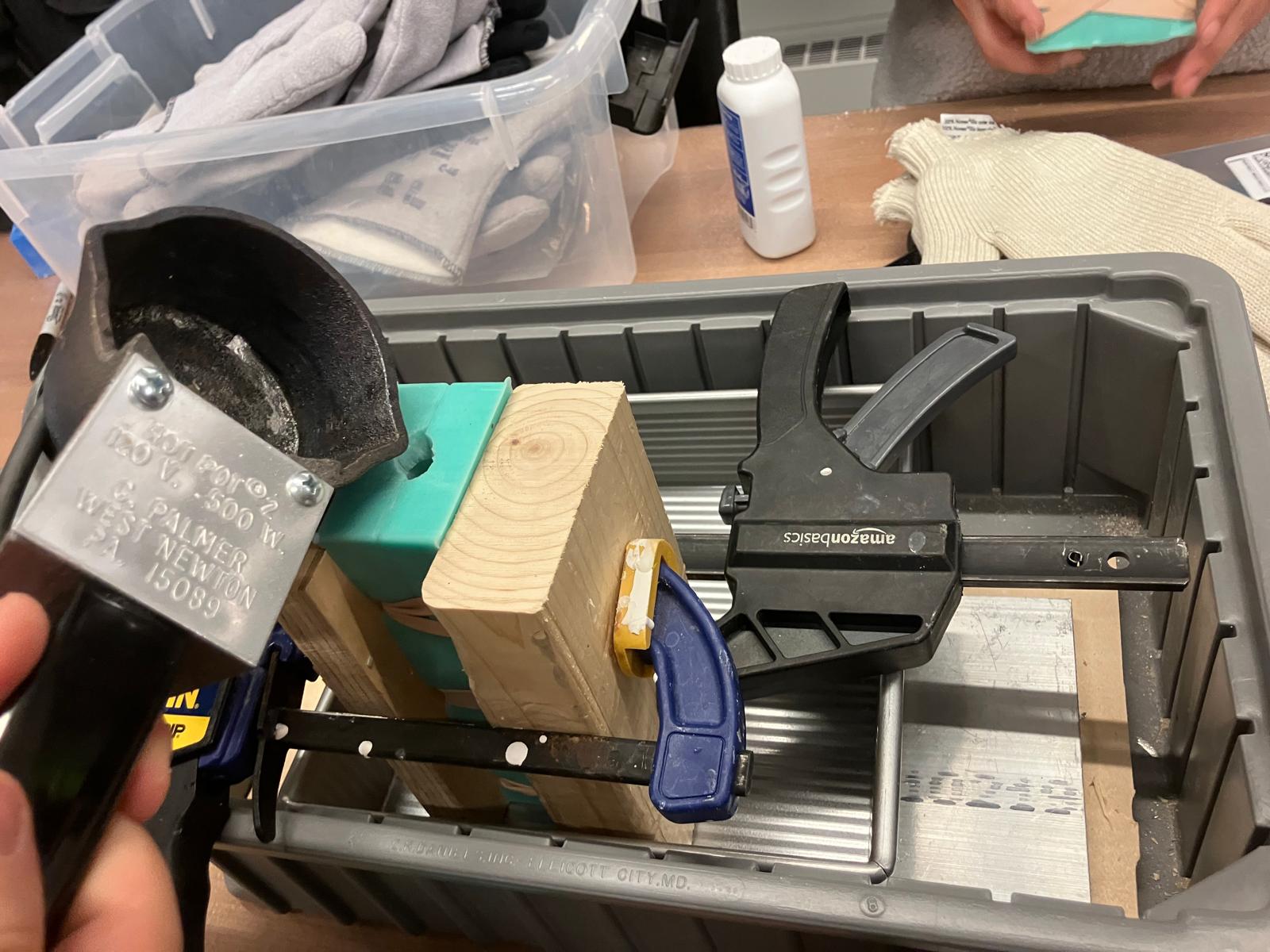 Complete pour setup with mold and containment