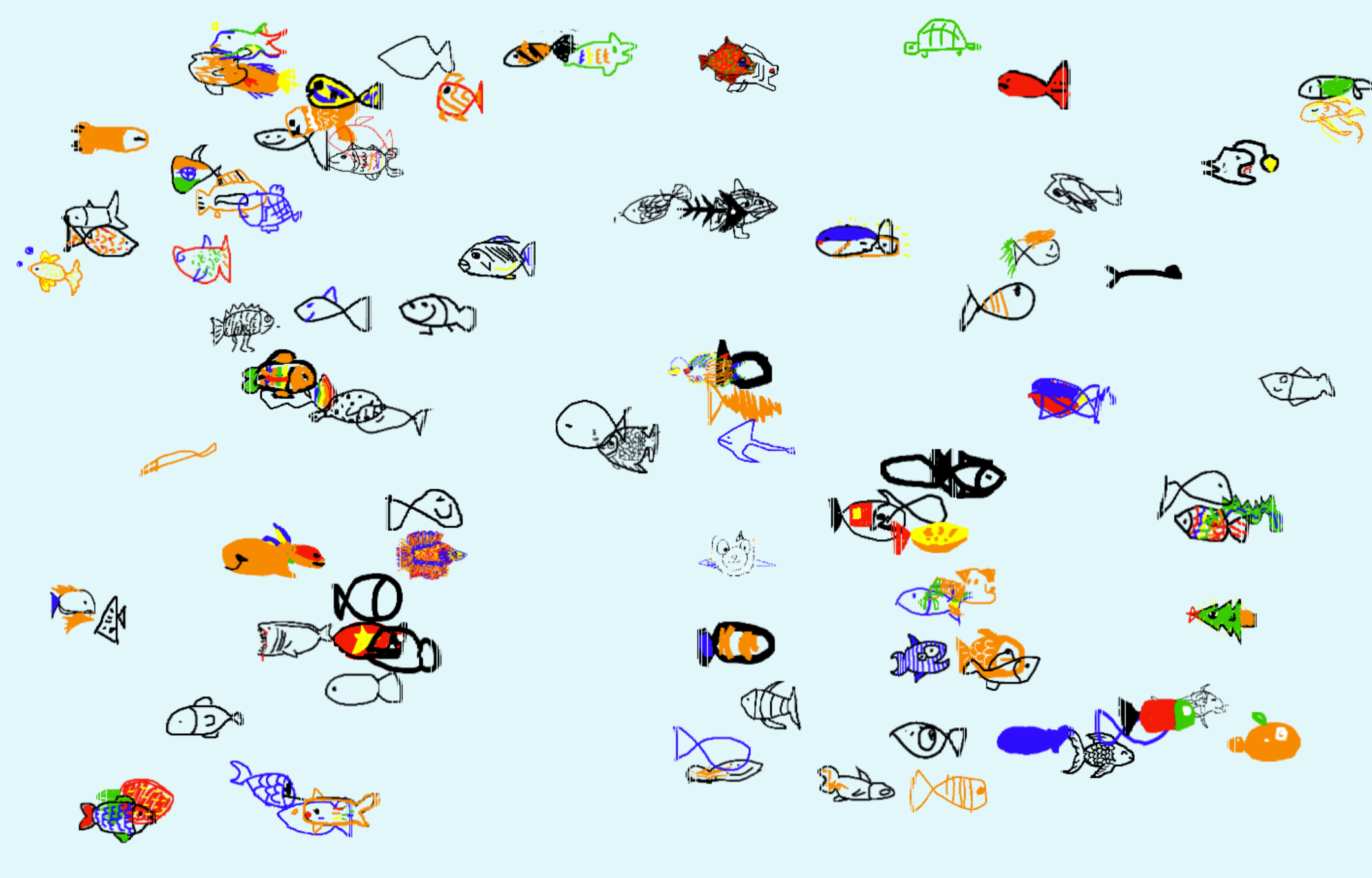 Collected hand-drawn fish floating in an online ocean