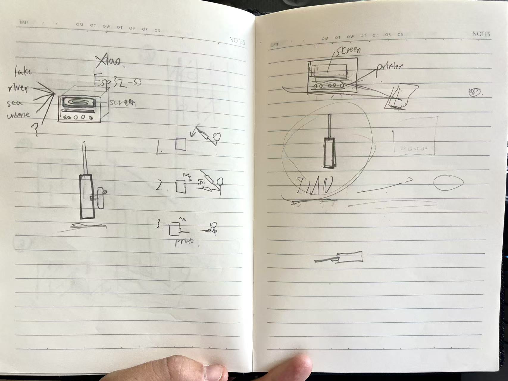 Hand sketches of the fishing rod and base idea