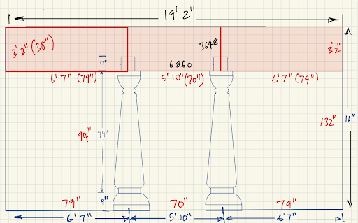 Front elevation drawing showing pillar placement and arch panel locations