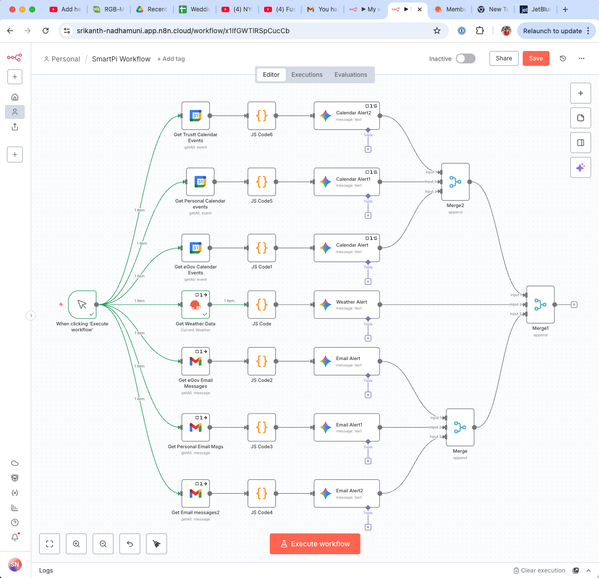 n8n workflow diagram showing parallel branches for calendar, weather, and email processing
