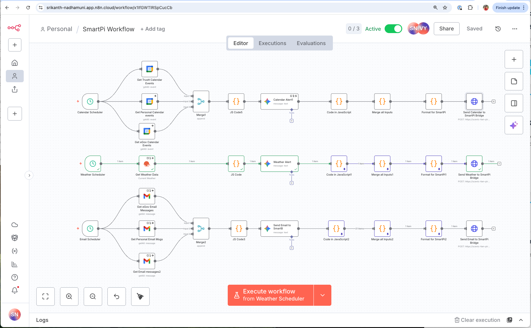 n8n workflow diagram showing parallel branches for calendar, weather, and email processing