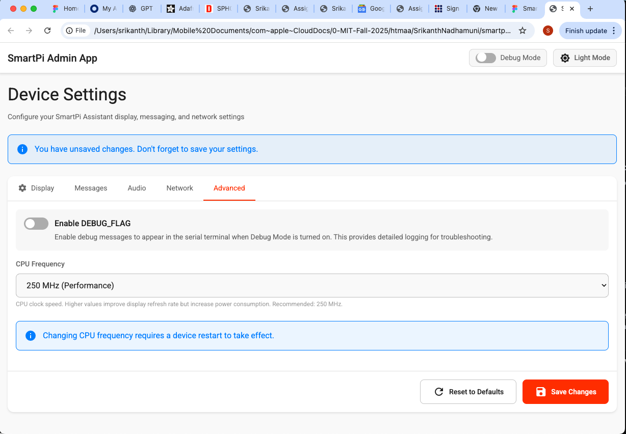 SmartPi Admin App - Advanced Settings Tab showing DEBUG_FLAG toggle and CPU frequency configuration