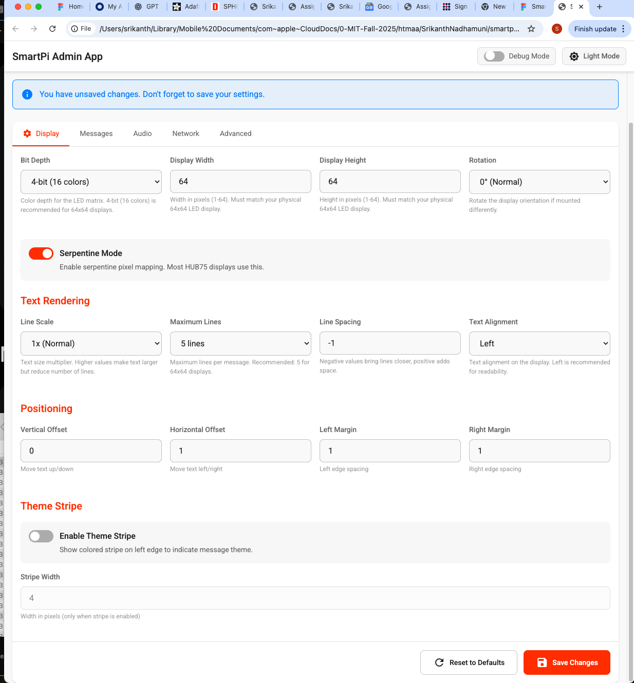 SmartPi Admin App - Display Settings Tab showing display hardware configuration, text rendering settings, positioning, and theme stripe options