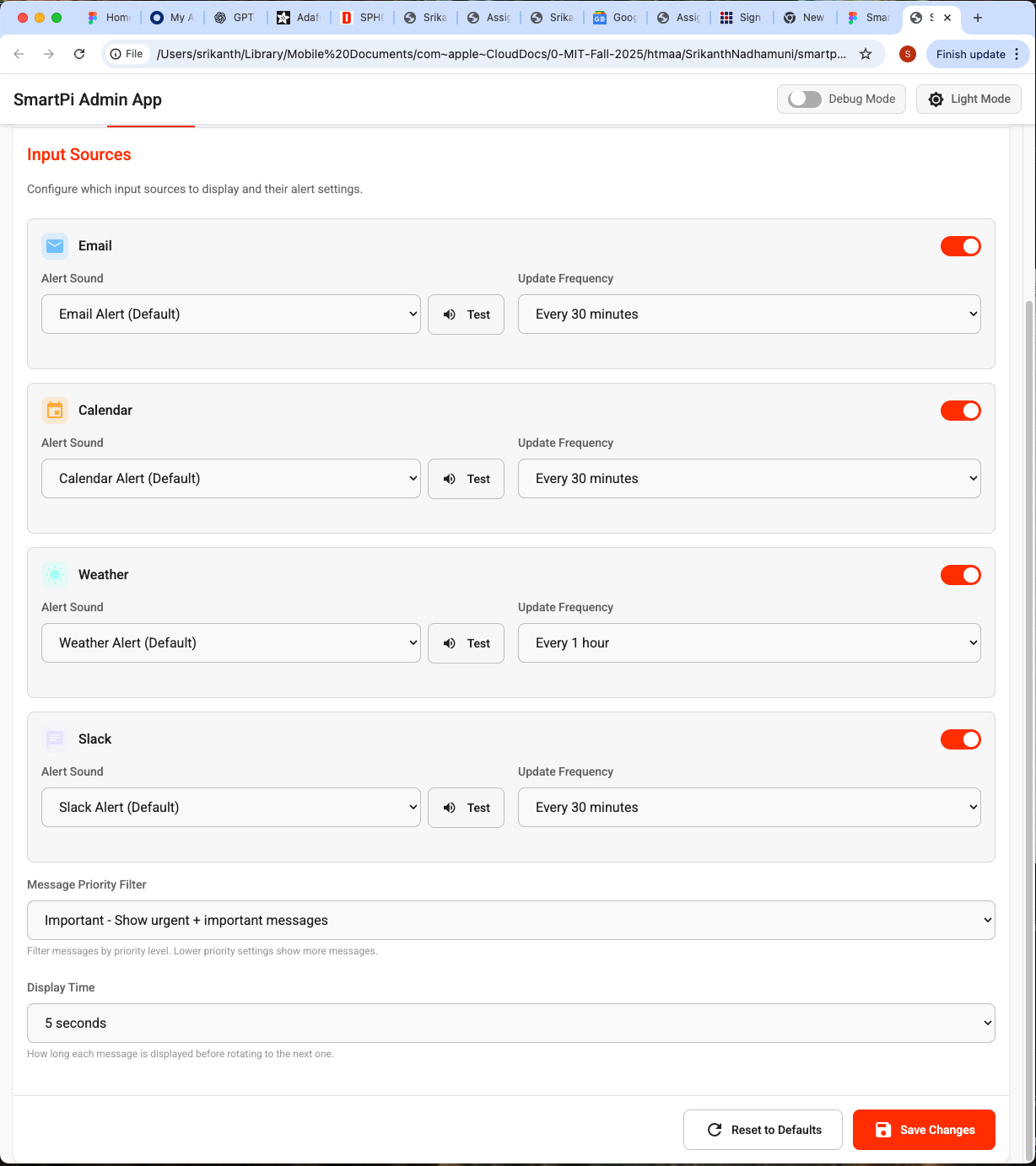 SmartPi Admin App - Messages Settings Tab showing input source configuration cards for Email, Calendar, Weather, and Slack with alert sound dropdowns, test buttons, and update frequency selectors